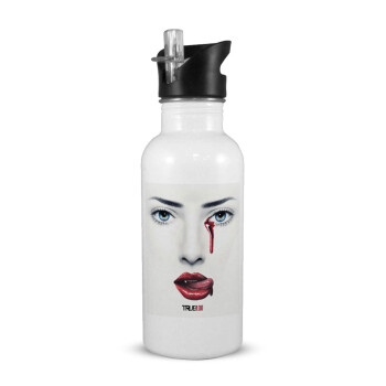 True blood, White water bottle with straw, stainless steel 600ml