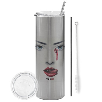 True blood, Eco friendly stainless steel Silver tumbler 600ml, with metal straw & cleaning brush