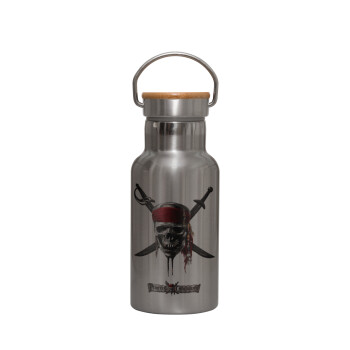 Pirates of the Caribbean, Stainless steel metallic thermos flask, silver with a bamboo lid, double-walled, 350ml.