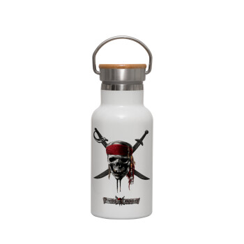 Pirates of the Caribbean, Μεταλλικό παγούρι θερμός (Stainless steel) Λευκό με ξύλινο καπακι (bamboo), διπλού τοιχώματος, 350ml