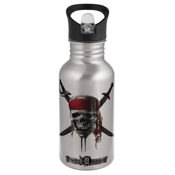 Pirates of the Caribbean, Water bottle Silver with straw, stainless steel 500ml