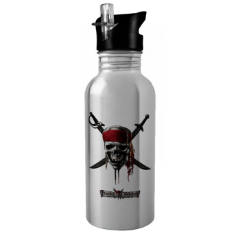 Pirates of the Caribbean, Water bottle Silver with straw, stainless steel 600ml