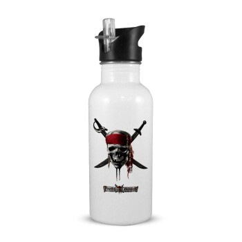 Pirates of the Caribbean, White water bottle with straw, stainless steel 600ml