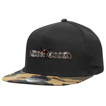 Pirates of the Caribbean, Adult Flat Snapback Hat Black/Camouflage, (100% COTTON TWILL, ADULT, UNISEX, ONE SIZE)