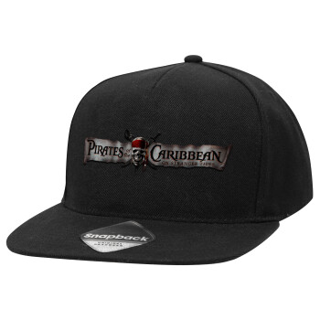 Pirates of the Caribbean, Adult Flat Snapback Hat Black, (100% COTTON TWILL, ADULT, UNISEX, ONE SIZE)