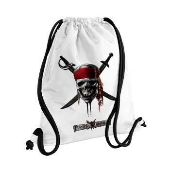 Pirates of the Caribbean, Τσάντα πλάτης πουγκί GYMBAG λευκή, με τσέπη (40x48cm) & χονδρά κορδόνια