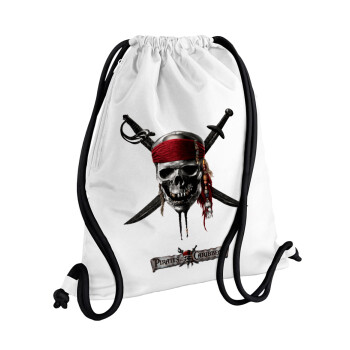 Pirates of the Caribbean, Backpack pouch GYMBAG white, with pocket (40x48cm) & thick cords