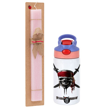 Pirates of the Caribbean, Easter Set, Children's thermal stainless steel water bottle with safety straw, pink/purple (350ml) & Easter scented flat candle (30cm) (PINK)