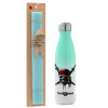 Easter Set, Metallic green/white thermos (Stainless steel), double-walled, 500ml & scented flat Easter candle (30cm) (TURQUOISE)
