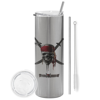 Pirates of the Caribbean, Eco friendly stainless steel Silver tumbler 600ml, with metal straw & cleaning brush