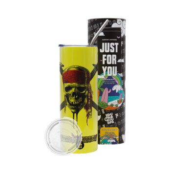 Pirates of the Caribbean, Neon Yellow Travel Tumbler θερμό, μεταλλικό καλαμάκι(Ανωξείδωτο 304 Food grade, BPA free, 600ml)