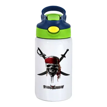 Pirates of the Caribbean, Children's hot water bottle, stainless steel, with safety straw, green, blue (350ml)