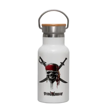 Pirates of the Caribbean, Metallic thermos (Stainless steel) White with wooden lid (bamboo), double-walled, 350ml