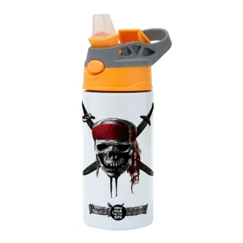 Pirates of the Caribbean, Children's hot water bottle, stainless steel, with safety straw, Orange/Grey (360ml) BPA-FREE