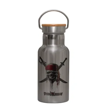Pirates of the Caribbean, Stainless steel metallic thermos flask, silver with a bamboo lid, double-walled, 350ml.