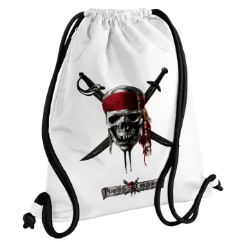 Pirates of the Caribbean, Backpack pouch GYMBAG white, with pocket (40x48cm) & thick cords