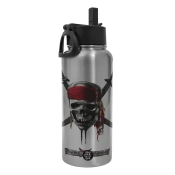 Pirates of the Caribbean, Metal mug thermo Silver with Straw and Spout Lid (Stainless steel), double wall, 950ml