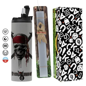 Pirates of the Caribbean, Πασχαλινή Λαμπάδα με Travel Tumbler θερμό (600ml, BPA free) & κερί αρωματικό πλακέ (30cm) (ΓΚΡΙ)