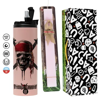 Pirates of the Caribbean, Πασχαλινή Λαμπάδα με  ΡΟΖ Travel Tumbler θερμό (600ml, BPA free) & κερί αρωματικό πλακέ (30cm) (ΡΟΖ)