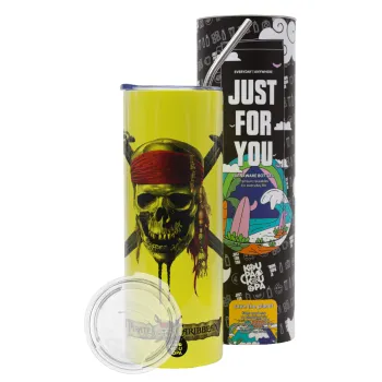 Pirates of the Caribbean, Neon Yellow Travel Tumbler θερμό, μεταλλικό καλαμάκι(Ανωξείδωτο 304 Food grade, BPA free, 600ml)