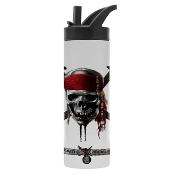 Pirates of the Caribbean, Metallic thermos bottle with straw & handle, stainless steel (Stainless steel 304), double-walled, 600ml.