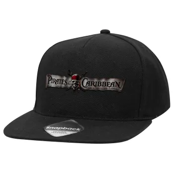 Pirates of the Caribbean, Adult Flat Snapback Hat Black, (100% COTTON TWILL, ADULT, UNISEX, ONE SIZE)