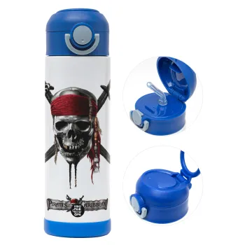Pirates of the Caribbean, Children's hot water bottle, stainless steel, with safety straw, BLUE (500ml)