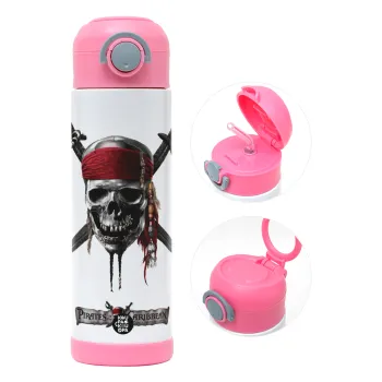 Pirates of the Caribbean, Children's hot water bottle, stainless steel, with safety straw, PINK (500ml)