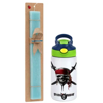 Pirates of the Caribbean, Easter Set, Children's thermal stainless steel bottle with safety straw, green/blue (350ml) & aromatic flat Easter candle (30cm) (TURQUOISE)