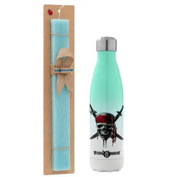Pirates of the Caribbean, Easter Set, Metallic green/white thermos (Stainless steel), double-walled, 500ml & scented flat Easter candle (30cm) (TURQUOISE)