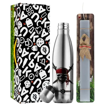Pirates of the Caribbean, Easter Set, metallic stainless thermos flask (500ml) & scented flat Easter candle (30cm) (GRAY)