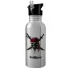 Water bottle Silver with straw, stainless steel 600ml