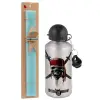 Easter Set, metallic silver aluminum water bottle (500ml) & scented flat Easter candle (30cm) (TURQUOISE)