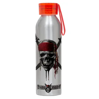 Pirates of the Caribbean, Αλουμινένιο Αθλητικό Μπουκάλι 650ml – Ασημί με Κόκκινο Καπάκι και Λουράκι Σιλικόνης