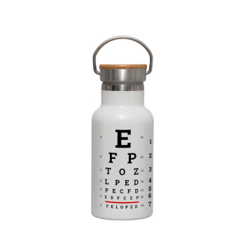 EYE test chart, Μεταλλικό παγούρι θερμός (Stainless steel) Λευκό με ξύλινο καπακι (bamboo), διπλού τοιχώματος, 350ml