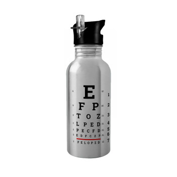 EYE test chart, Water bottle Silver with straw, stainless steel 600ml