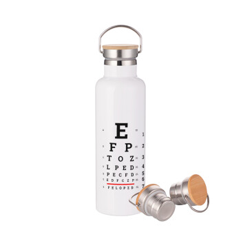 EYE test chart, Μεταλλικό παγούρι θερμός (Stainless steel) Λευκό με ξύλινο καπάκι (bamboo), διπλού τοιχώματος, 750ml