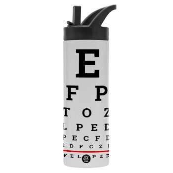 EYE test chart, Μεταλλικό παγούρι θερμός με καλαμάκι & χειρολαβή, ανοξείδωτο ατσάλι (Stainless steel 304), διπλού τοιχώματος, 600ml