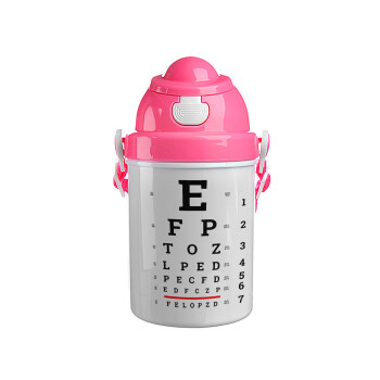 EYE test chart, Ροζ παιδικό παγούρι πλαστικό (BPA-FREE) με καπάκι ασφαλείας, κορδόνι και καλαμάκι, 400ml