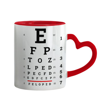 EYE test chart, Mug heart red handle, ceramic, 330ml