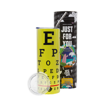 EYE test chart, Neon Yellow Travel Tumbler θερμό, μεταλλικό καλαμάκι(Ανωξείδωτο 304 Food grade, BPA free, 600ml)