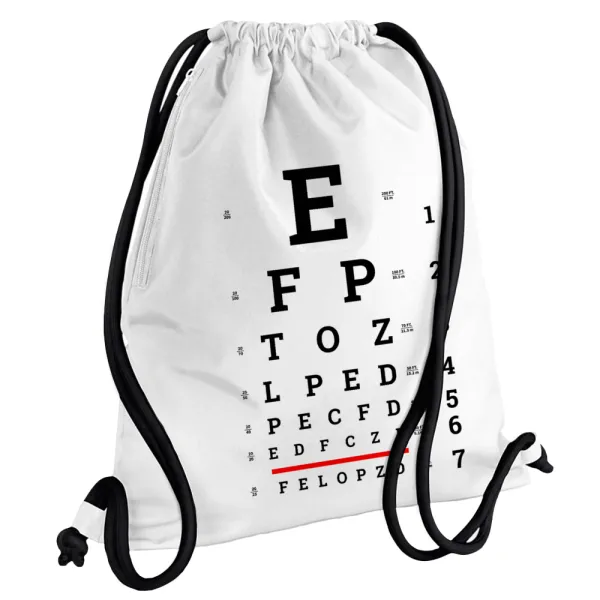 EYE test chart — Τσάντα πλάτης πουγκί GYMBAG λευκή, με τσέπη (40x48cm) & χονδρά κορδόνια