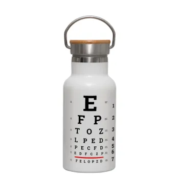EYE test chart, Μεταλλικό παγούρι θερμός (Stainless steel) Λευκό με ξύλινο καπακι (bamboo), διπλού τοιχώματος, 350ml