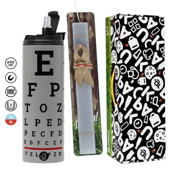 EYE test chart, Πασχαλινή Λαμπάδα με Travel Tumbler θερμό (600ml, BPA free) & κερί αρωματικό πλακέ (30cm) (ΓΚΡΙ)