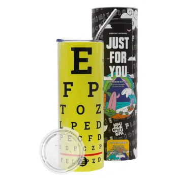 EYE test chart, Neon Yellow Travel Tumbler θερμό, μεταλλικό καλαμάκι(Ανωξείδωτο 304 Food grade, BPA free, 600ml)