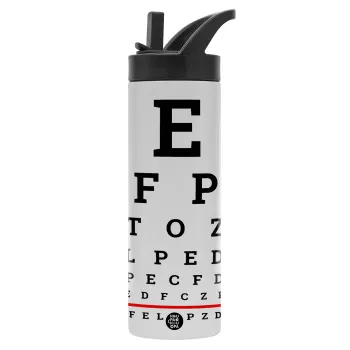 EYE test chart, Μεταλλικό παγούρι θερμός με καλαμάκι & χειρολαβή, ανοξείδωτο ατσάλι (Stainless steel 304), διπλού τοιχώματος, 600ml