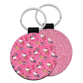 Hello kitty, Μπρελόκ Δερματίνη, στρογγυλό ΡΟΖ (5cm)
