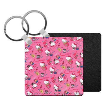 Hello kitty, Μπρελόκ Δερματίνη, τετράγωνο ΜΑΥΡΟ (5x5cm)
