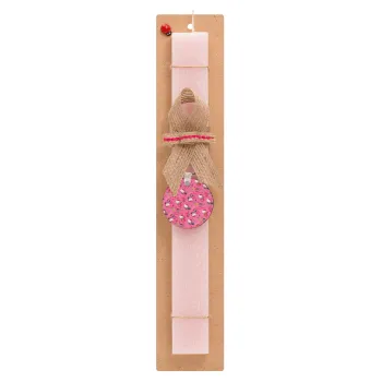 Hello kitty, Πασχαλινή Λαμπάδα με ξύλινο μπρελόκ & κερί αρωματικό πλακέ (30cm) (ΡΟΖ)