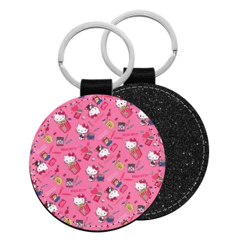 Hello kitty, Μπρελόκ Δερματίνη, στρογγυλό ΜΑΥΡΟ (5cm)